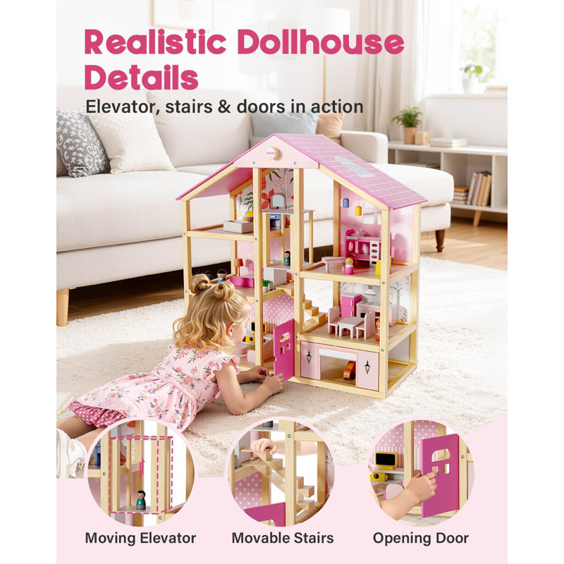 Suteck Wooden Dollhouse, Large Pink Wooden Doll House With 39